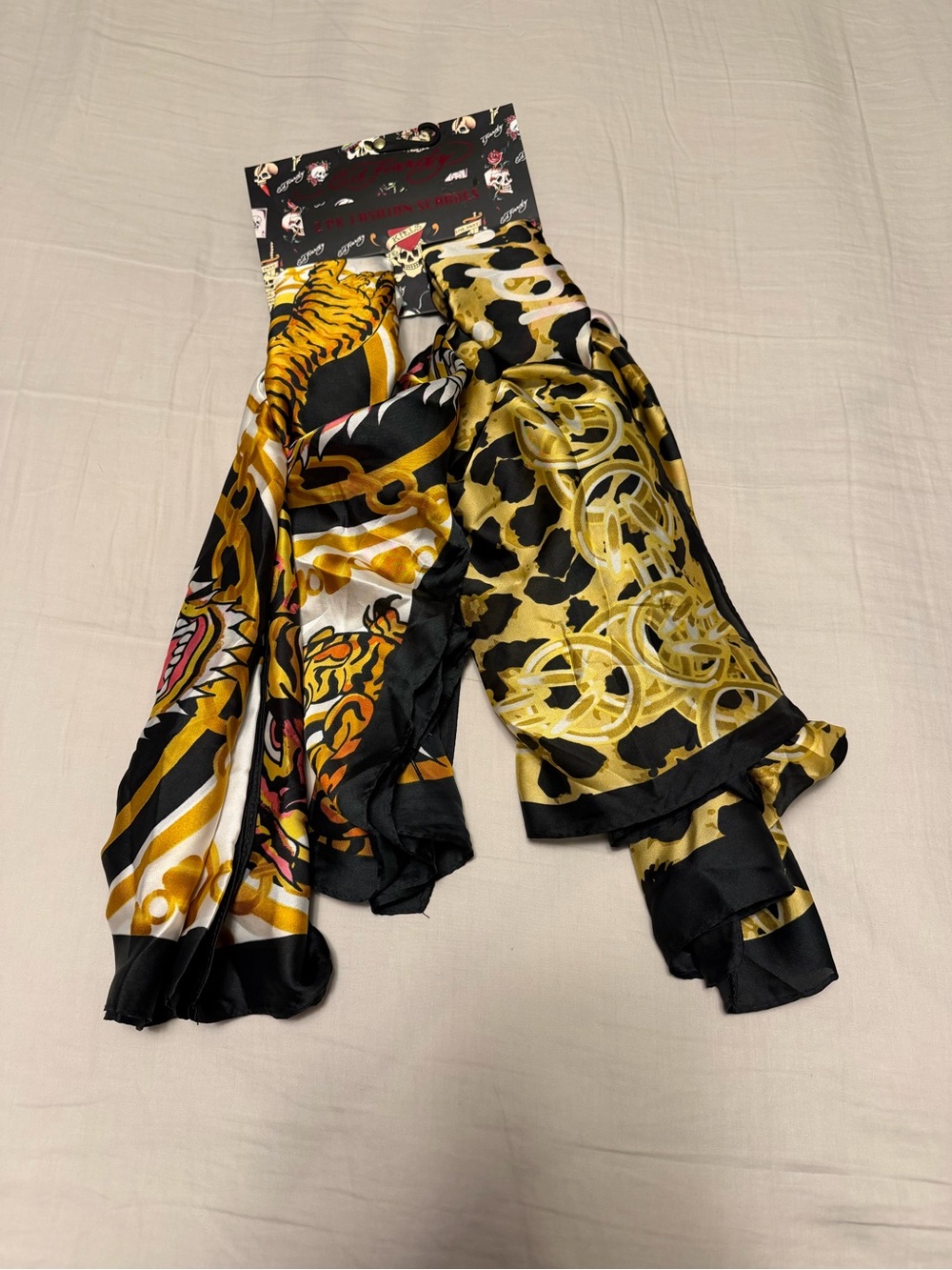 Silky Gold & Black Patterned Scarfs - 2 Pack
